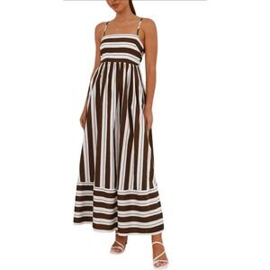 Generic Striped Maxi Dress Women Small Brown White Smocked Boho Coastal